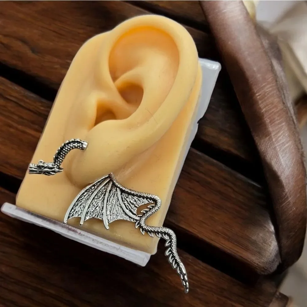 Silver Dragon Ear Jacket Earrings Gothic Fantasy Winged Dragon Cosplay Jewelry